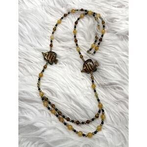 Wooden Bead Hand Painted Nautical Fish Necklace Recycled Glass Beads Barrel